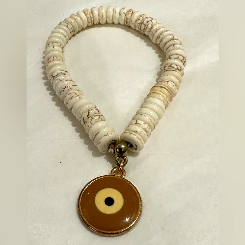 Round White Stone Beaded Bracelet w/Metal Charm Stretch Band Unisex Handmade